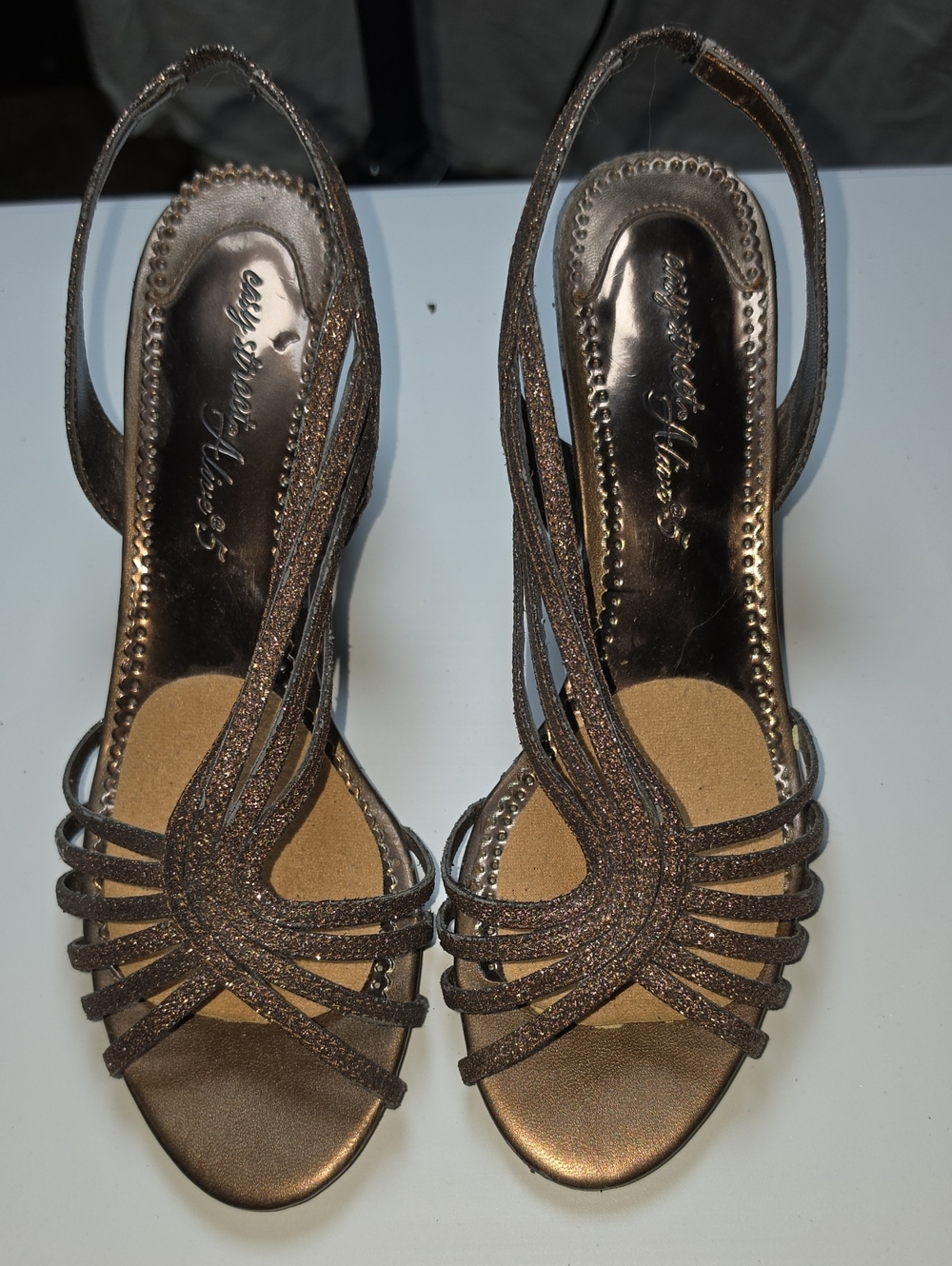 Easy Street Alive 5 Bronze Glitter Strappy Slingback Heels